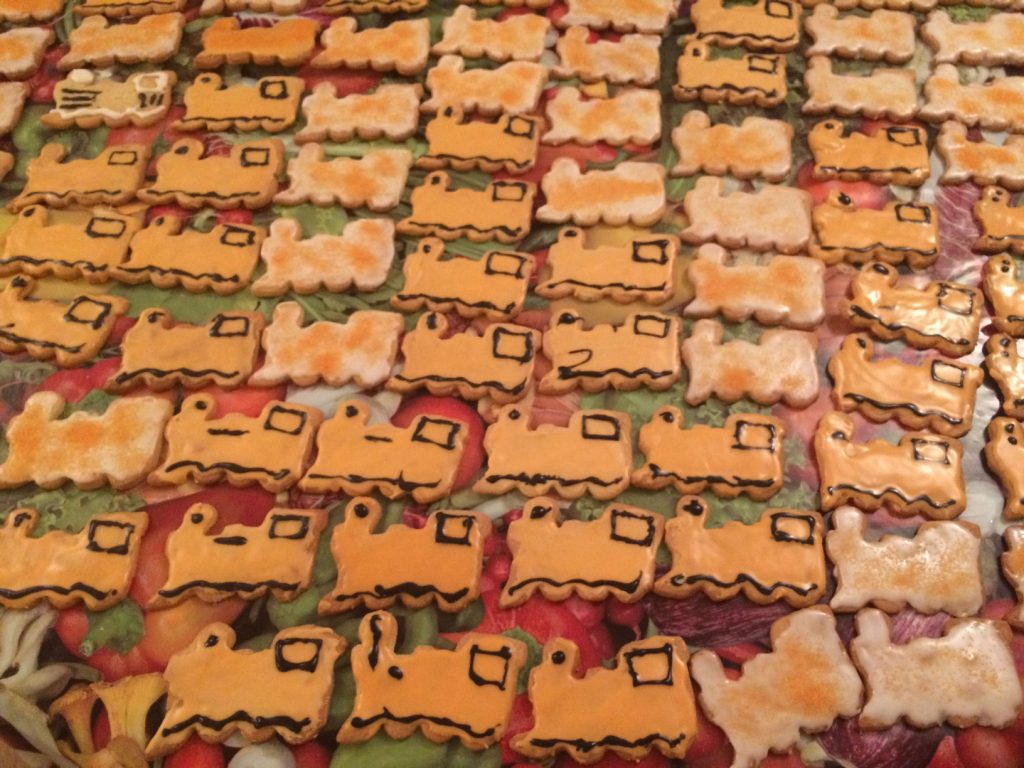 Beautiful orange train biscuits, all ready to go!